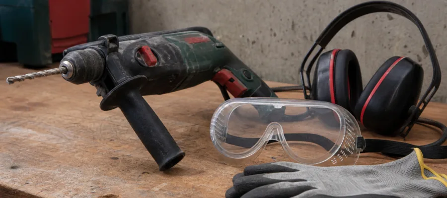 Schlagbohrmaschine: Schutzbrille, Gehoerschutz und Handschuhe nutzen