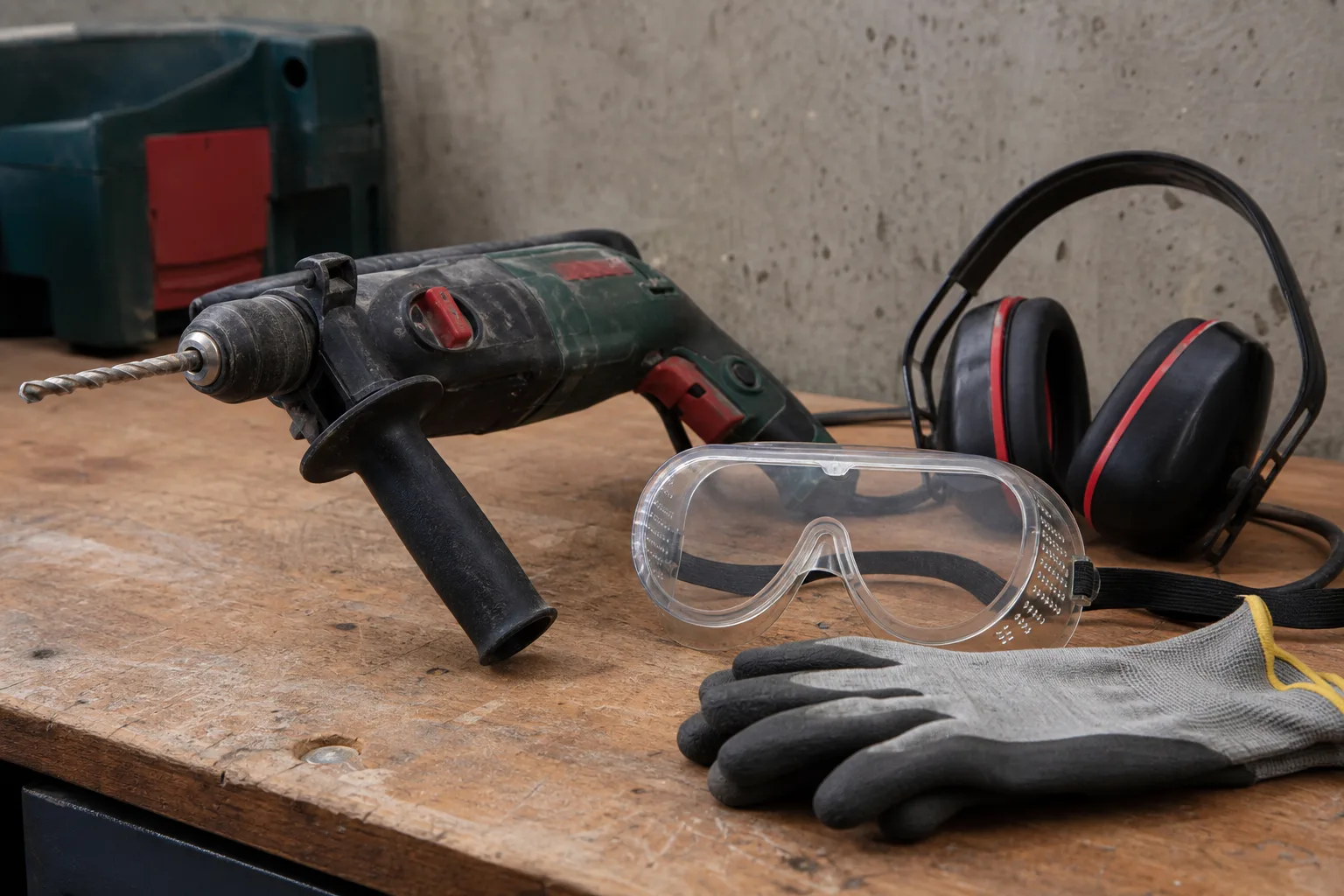 Schlagbohrmaschine: Schutzbrille, Gehoerschutz und Handschuhe nutzen
